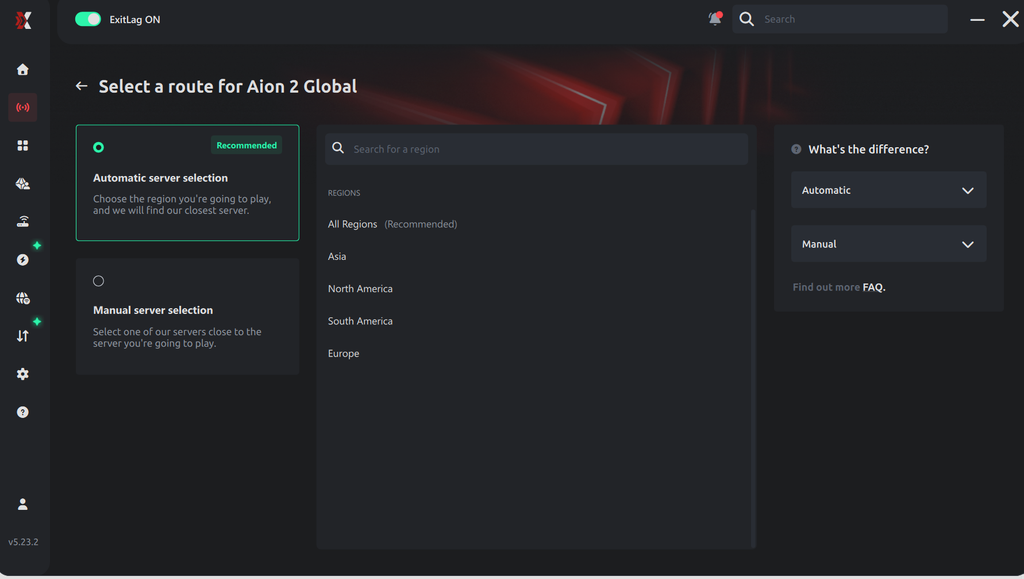 Selecting an AION 2 region in ExitLag